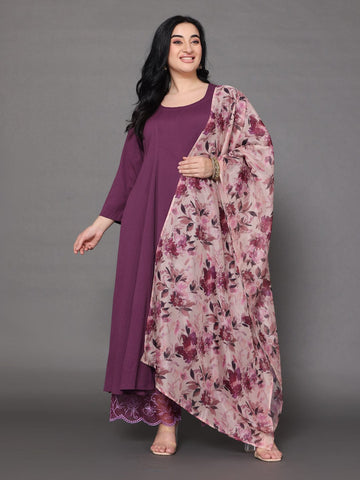 Varanga Women Plus Size Purple Anarkali Kurta Paired With Tonal  Hem Embroidered Bottom And Floral Printed  Dupatta
